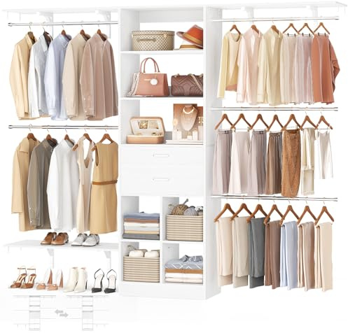 Besiost Closet System - 8FT Closet Organizer System with Wooden Drawers, 96 Closet Systems for Walk-In Closets with Cuttable Hanging Shelving, White