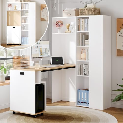 Escritorio plegable con estantes,2 en 1: estantería y escritorio, plegable, con toma de corriente y puerto USB, estantes de altura ajustable y protección antivuelco (Bianco - Destra, 104.5×30.5×160cm)