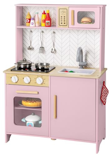 DREAMADE Kinderküche Holz mit Zubehör, Holzküche Mini Küche Kinder Küche mit Herd Ofen Waschbecken, Spielküche mit Licht und Sound für Kinder ab 3 Jahren (Rosa)