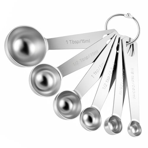6 Pcs Stainless Steel Measuring Spoons Metal Measure Spoons Table Spoon Scoop for Coffee, Teaspoon Scoop, Includes 1/8, 1/4, 1/2, 1 TSP, 1/2 Tbsp, 1 Tbsp, Food Grade
