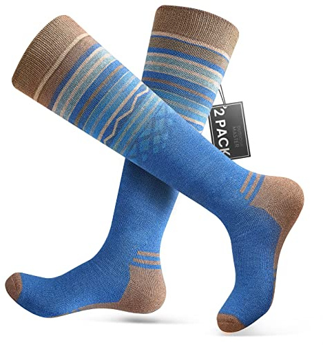 OutdoorMaster 2 Paia Unisex Lana Merino Calze da Sci per Uomo & Donna, Calze Invernali da Snowboard Traspiranti Termico per Sport all'aperto con Sopra il polpaccio Design/Polsini Antiscivolo