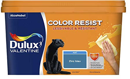 Dulux Valentine Color Resist Pièces à Vivre - Peinture Intérieure Murs, Plafonds, Boiseries - Lessivable et Résistante - Couleur : Zinc Bleu - 2,5 L - 5351578