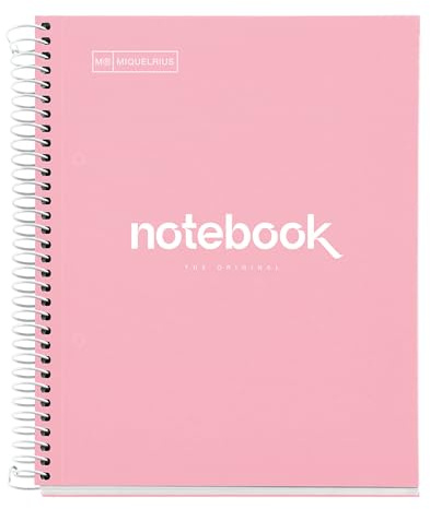 Miquelrius - Cuaderno A5 Cuadriculado, 80 Hojas, Tapa Dura Cartón, Rosa | Papel 90 g/m², Microperforado, Cuadrícula 5 mm, Borde Lateral de Color, Espiral, 2 Taladros para Archivar, Notebook Emotions