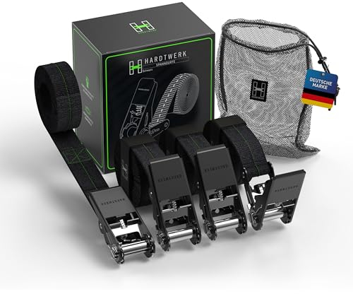 Hardtwerk® Spanngurte mit Ratsche (4 Stück) - 6m, 1000kg Greifkraft, TÜV & GS Zertifiziert - Vielseitige Ratschenzurgurte für den Professionellen Gebrauch - Anhänger, Gepäck & Camping, Schwarz