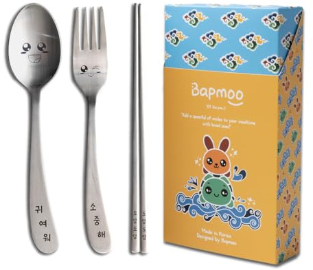BAPMOO Kids Cutlery set Silverware Engraved Happy Face Korean Hangeul Character Children Flatware Cute Spoon Chopsticks Fork Stainless Steel Utensil