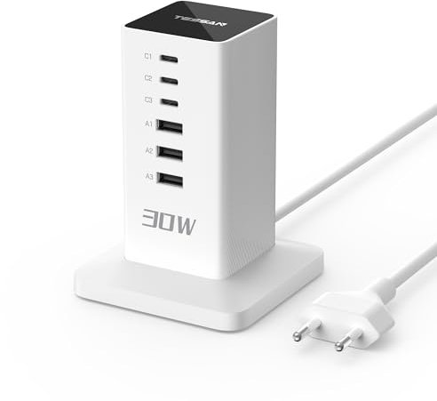 TESSAN Chargeur USB C Multiple 30 W avec 6 Ports, Prise USB C, Station de Charge avec Câble de 2 m, Compatible avec Les Téléphones Mobiles, Tablettes et Ordinateurs Portables
