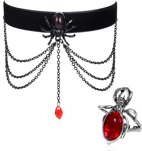 JewelryWe Spinne Choker Kette mit Ring: 2er Set Gothic Schwarz Samt Halsband Ring Damen Vintage Punk Rot Kristall Quaste Anhänger Halskette mit Fingerring Schmuckset Halloween Victoria Kragen Kette