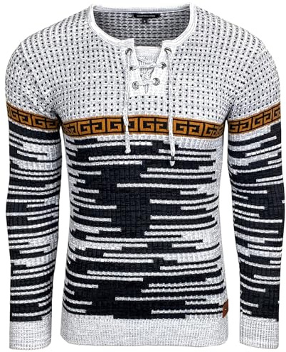 Subliminal Mode Pull Homme en Maille à Col V à Lacet - Style Basique - Coupe Ajustée - Pull Over Tricoté Hiver Manches Longues BX52156 Gris et Blanc L