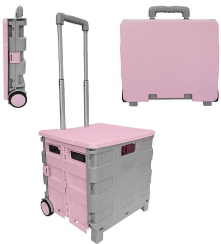Berry 40L Foldable Shopping Trolley, Plastic Trolley Cart with 2 Wheels and Lid, Portable Cart with Telescopic Handle, Multipurpose Utility Cart for Shopping, Teacher - Pink and Grey