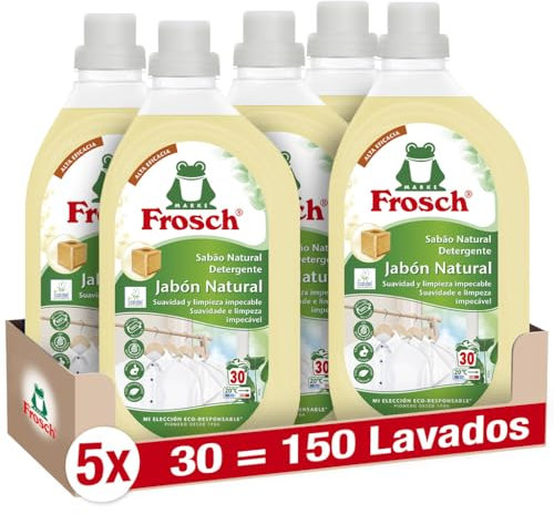 Frosch - Detergente Líquido Concentrado Ecológico Jabón Natural para Lavadora, Ropa Limpia e Impecable en el Lavado, Apto para Todo Tipo de Tejidos menos Lana y Seda - Pack de 5 Unidades x 1.5 L