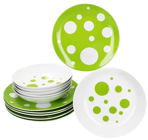 MamboCat Pula Service de table vert 12 pièces I Vaisselle en porcelaine blanche à pois pour 6 personnes I 6 assiettes creuses & 6 assiettes plates pour petit-déjeuner, déjeuner et dîner