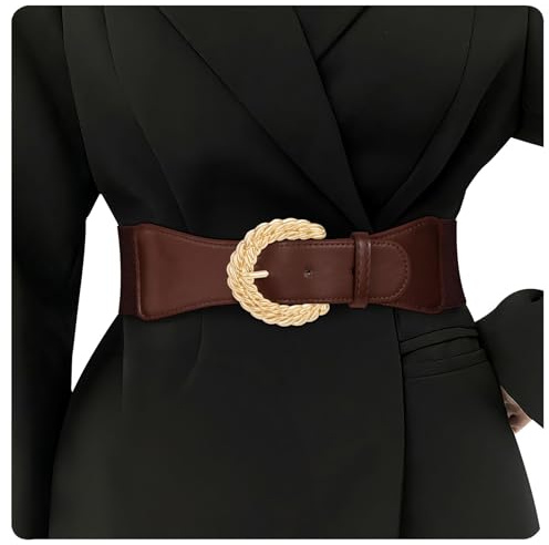 WHIPPY Damen Elastischer Taillengürtel für Kleider Breiter StretchGürtel mit Goldene Schnalle, Kaffee, 110cm