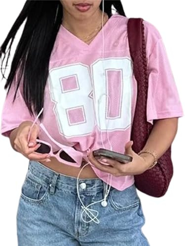 ensswliz Jersey Shirts for Women Y2k Oversized Number Graphic Tees V Neck Casual Jersey Summer Sporty Aesthetic Preppy Streetwear