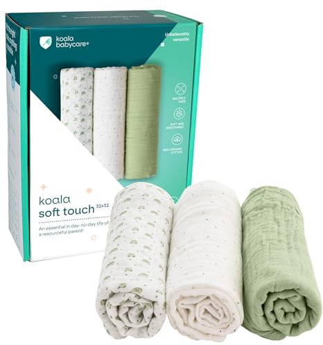 Koala Babycare - Baby-Mulltücher aus 100 % Baumwolle, 3 Stück, 80 x 80 cm, ideal als Geschenk für Neugeborene