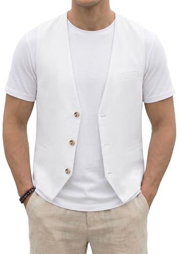 HISDERN Gilet d'été en lin pour homme uni décontracté avec poches pour une fête de mariage ou un bal de promo Blanc L