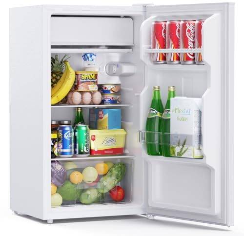 Upstreaman 85L Under Counter Fridge 83cm with LED Light, 2 Large Door Shelf, Drawer, Adjustable Thermostat, Quiet 39dB, Reversible Door, Small Fridge White, CR85