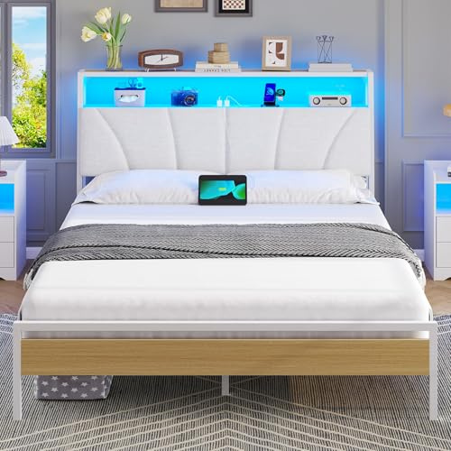 Brinlawb Double Bed Frame with Charging Station (2 AC Sockets, 1 USB‑A, 1 Type‑C Port) and LED Lights, 135x190 cm Stable Metal Bed Frame with Upholstered Headboard & 2-Tier Open Storage Shelves, White