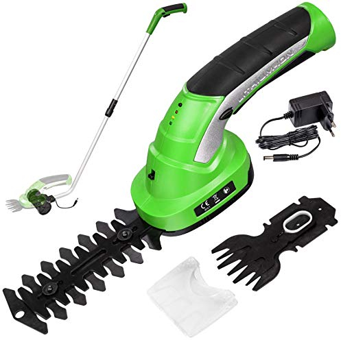 tectake® Akku Heckenschere elektrisch, Strauchschere 7.2V, Grasschere mit 2 Aufsätzen, Rasentrimmer mit Teleskop Stange, Rasenkantenschneider, elektrische Gartenschere mit Messer Aufsatz, Trimmer
