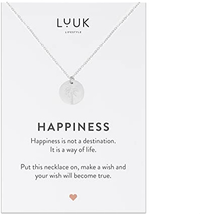 LUUK LIFESTYLE Collier avec différent pendentif en acier inoxydable et carte cadeau HAPPINESS 50 cm, porte bonheur, élégante bijoux résistant, femme, fille, maman, Argent, Or, Or rose