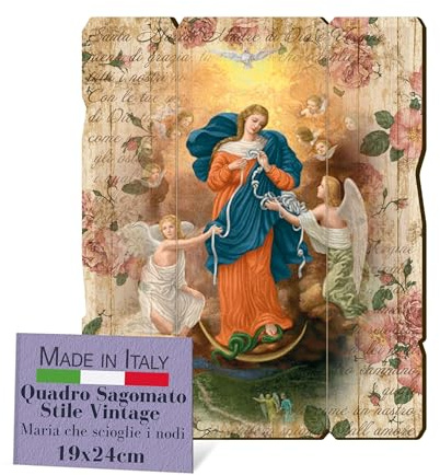 Fratelli Bonella – Cuadro de Virgen que desata los nudos contorneado vintage, cuadro de madera de álamo, 8 mm, para dormitorio 19 x 24 cm – 100 % fabricado en Italia