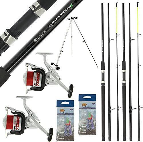 2x Sea Fishing Beachcaster Rod 12ft 3pc & 2x 1BB Reel 20lb Red Lined Spooled Combo & 110-180cm Telescopic Tripod
