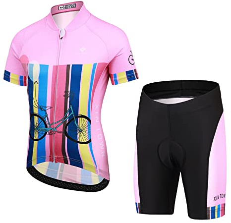 Amur Leopard Enfant Garçon Fille Maillot de Cyclisme Manches Courtes et Cuissard de Cycliste Combinaison Cycliste pour Unisex Enfants Séchage Rapide VTT Eté,Rose + Vélo/Ensemble,S