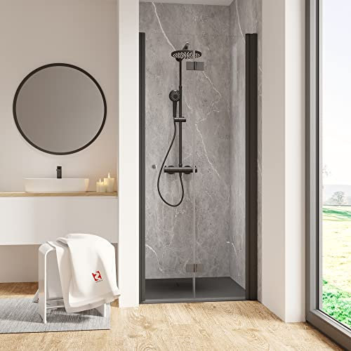 Schulte porte de douche pivotante-pliante 90 x 200 cm en niche, mécanisme autolevant, profilé noir, ouverture vers la droite, verre de sécurité 6 mm, réglage 87-90 cm, largeur d'accès 77 cm