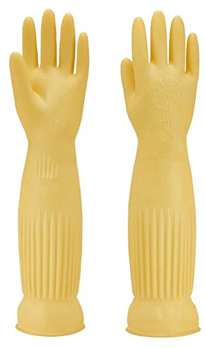 Reusable Household Gloves,Rubber Dishwashing Gloves,Extra Thickness,Long Sleeves,Kitchen Cleaning,Indoor and Outdoor Cleaning (Yellow, S)