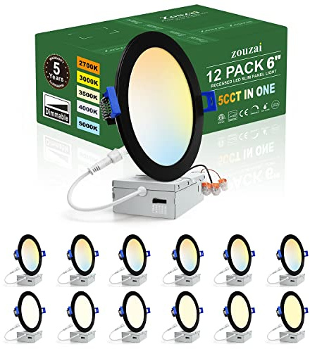 zouzai 12 Pack 6 Inch Black 5CCT Reset LED Recessed Ceiling Light with Junction Box, 2700K/3000K/3500K/4000K/5000K Selectable, 12W Eqv 110W,Dimmable, led can Lights- ETL and Energy Star Certified