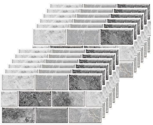 12 Sheets Grey Tile Stickers, Peel and Stick Vinyl Backsplash Tiles Self Adhesive Waterproof Oilproof Tiles Retro Style DIY Home Decor for Kitchen Bathroom