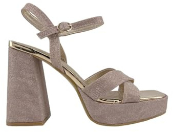 MODELISA - Sandalia Tacón Ancho Brillo Con Plataforma Tiras Cruzadas Hebilla Mujer (Champagne, 36)