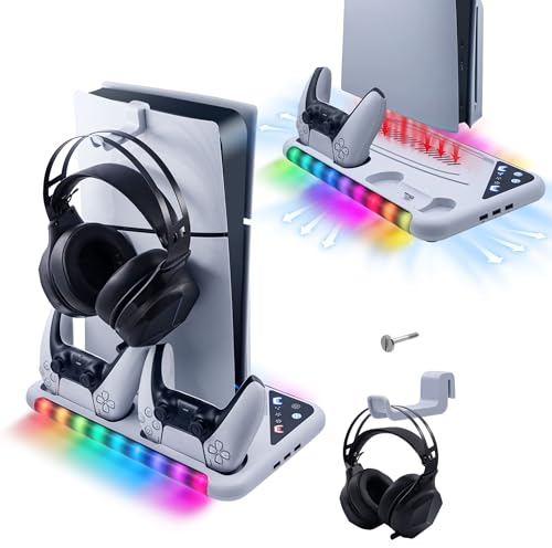Mcbazel RGB Cooling Charging Fan for PS5/Slim, Adjustable Dual Controller Charging Station With Headphone Hook for UHD/Digital/Slim Console - White (Not for Pro)