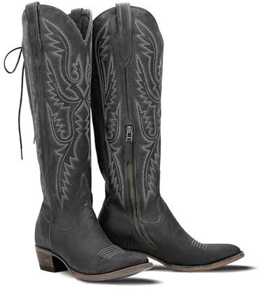 MissHeel Lace Up Knee High Cowboy Boots for Women Wide Calf Cowgirl Boots Knee High Cowboy Boots for Thick Calf Long Western Boots Black Size 11