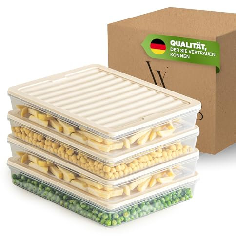 Viwares Stapelbare Gefrierdosen 4er Set, Gefrierfach & Kühlschrank Organizer mit Deckel, Frostfest bis -25°C, Wiederverwendbare Frischhaltedosen, Lebensmittel frisch und geruchsfrei lagern