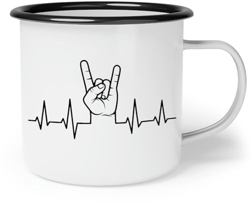 OM3® Heavy Metal Herzschlag Emaille-Tasse mit Teufelsgruß Pommesgabel - Metal-Fans - Festival & Camping - Emailletasse Emaille Becher - 10oz 300ml - Beidseitig Bedruckt - Weiß-Schwarz