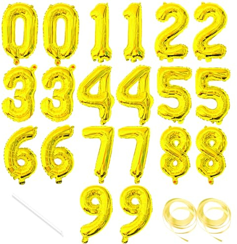 20 Pieces 2 Sets of 16 Inch Gold Number 0-9 Balloons – Foil Mylar Balloons for Custom Number Decorations, Birthday, Anniversary, Graduation, New Year, and Party Backdrops