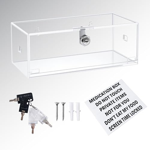 LifeLAZA Acrylic Refrigerator Lock Box, Medication Lock Box with 4 Key, Wall Mount Clear Safe Lockbox with Labels for Phone, Fridge, Food, Medicine