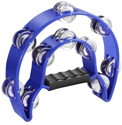 Tambor�n Flexzion Metal Medialuna Instrumentos Musicales Doble Fila de Jingles Met�licos Instrumentos de Mano Percusi�n con Mango Ergon�mico, Tamborines para Adultos, Azul