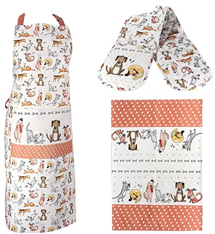 SPOTTED DOG GIFT COMPANY 3 Piece Kitchen Textiles Set - Dog Apron, Double Oven Gloves & Tea Towel, 100% Cotton, Cute Animal Themed Kitchen Accessories for Cooking & Baking, Gifts for Dog Lovers