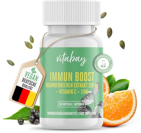 Vitabay Immun Boost - mit Holunderbeeren Extrakt 200 mg, Vitamin C und Zink • 60 vegane Kapseln