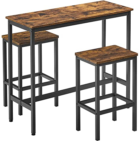 VASAGLE Tavolo Alto, Set di Tavolo e Sgabelli da Bar, Tavolo da Colazione con Set di 2 Sgabelli, Struttura in Acciaio Industriale, Marrone Vintage e Nero Inchiostro LBT218B01