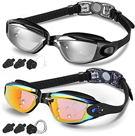 COOLOO Swim Goggles Men, 2 Pack Swimming Goggles for Women Kids Adult Anti-Fog,Sliver& Orange