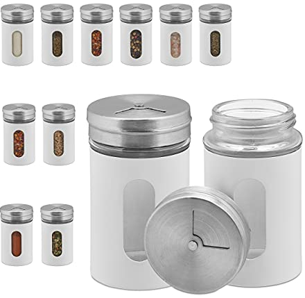 relaxdays Saupoudreuse à épices, Lot de 12, 3 Tailles de Trou, Herbes, 90 ML, Verre et Acier Inoxydable, Blanc/argenté