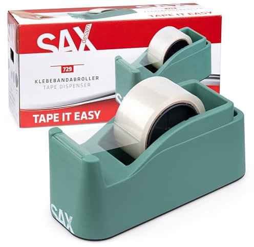 SAX Tape it Easy XXL Dispensador de cinta manual extra pesado | para 1x cinta de 50mm o 2x cinta de 25mm, dispensador de cinta para paquetes con función portaplumas, antideslizante, verde salvia