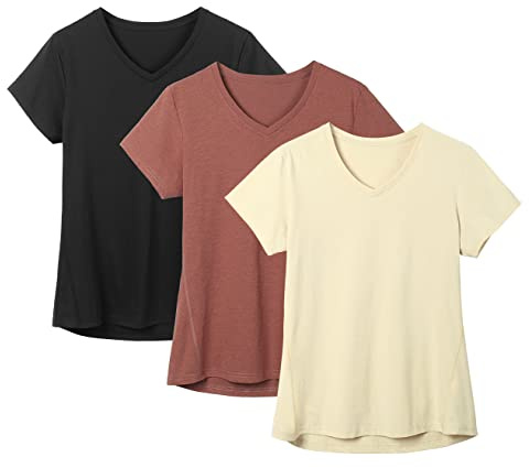 icyzone Dam sport fitness t-shirt kortärmad v-ringad löpartröja kortärmad yoga topp 3-pack, Svart/krämvit/brick, XL