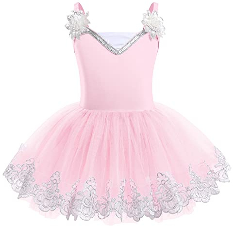 Ballet Leotard For Girls Camisole Tutu Skirts Shiny Sequin Flower Embroidery Dance Dress Gymnastics Bodysuit Leotards Classic Basic Class Training Outfit Ballerina Pink 9-10 Years