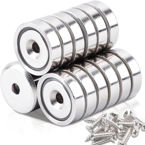 18Stück Neodym Magnete Extra Stark, 16mm 8KG Kraft Scheiben Magnete mit Kapsel, Magnete Stark Topfmagnet mit Loch, Senkkopf-Topfmagnet mit Schrauben und Stahlkissen für Küchen