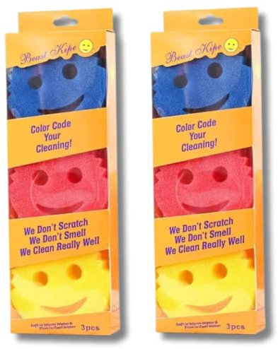 Smiley Face Sponges Cleaning Bundle - 6 Colourful Smiley Face Sponges - Random Colour Sponges - All-Purpose, Non-Scratch, Durable Scrubbing Sponges by Kevagh