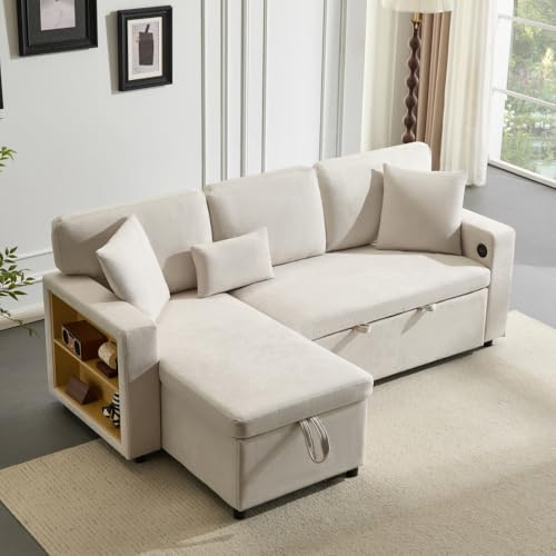 Lubvtti Sofá cama de 3 plazas con toma USB, esquinero en forma de L con estante y almacenamiento, extensible, para salón, apartamento, salón y dormitorio, franela, beige