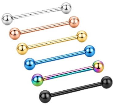 Trifletopia 6PCS Tongue Bars – 316L Stainless Steel Tongue Rings with 5mm Balls, 1.6×16mm Barbell Piercing Jewelry for Men & Women, Multi-Color